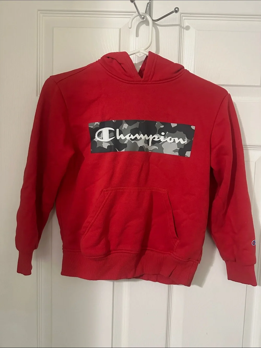Champion Red Kids Hoodie with Black & Gray Camo Logo